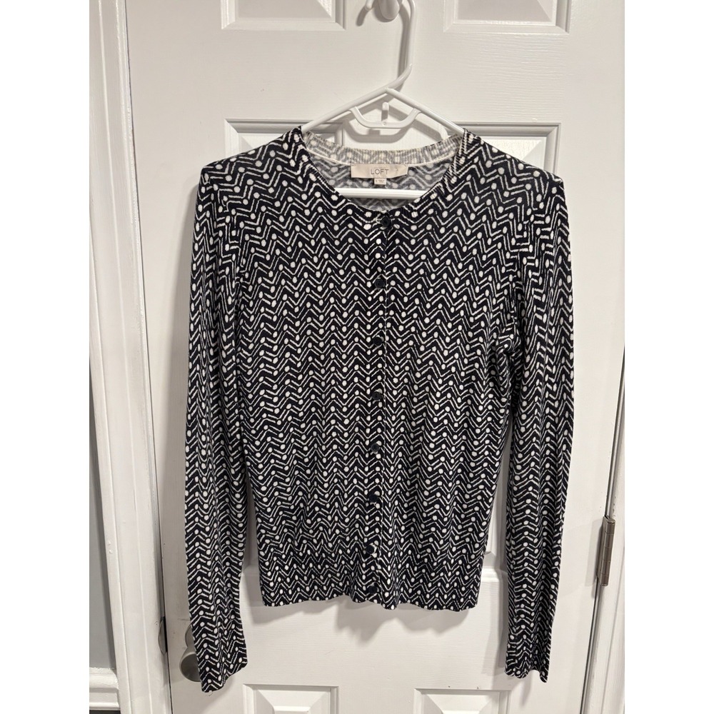 Loft Printed Button Up Cardigan Black & White Geometric Print Sz Small